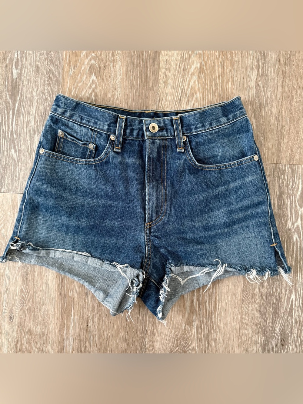 rag & bone  Mid-Blue Denim Cutoff Shorts